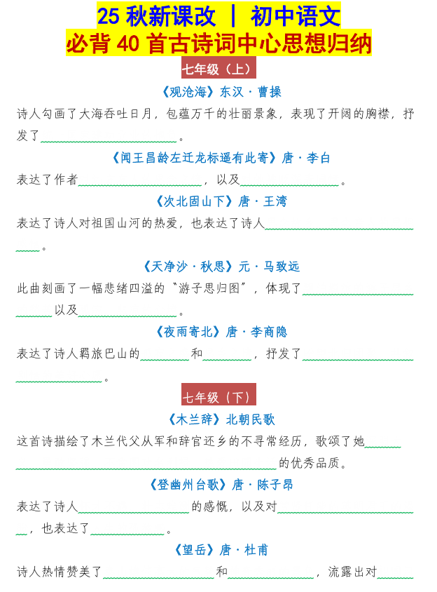 【2025秋新版】中考语文必背40首古诗词中心思想归纳