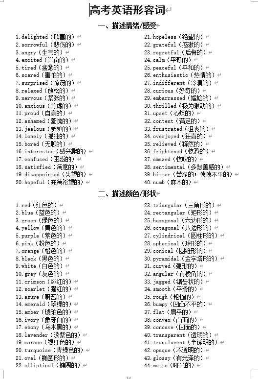 2026届高考英语形容词分类汇总（共十类）清单