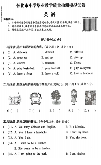 湖南省怀化市2024-2025学年六年级下学期毕业质量抽测模拟测试英语试题