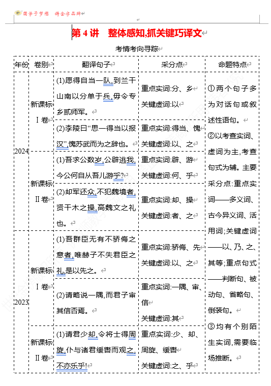 2026版《高中全程复习方略》 语文 强基版 专题四　第四节　第4讲　整体感知,抓关键巧译文