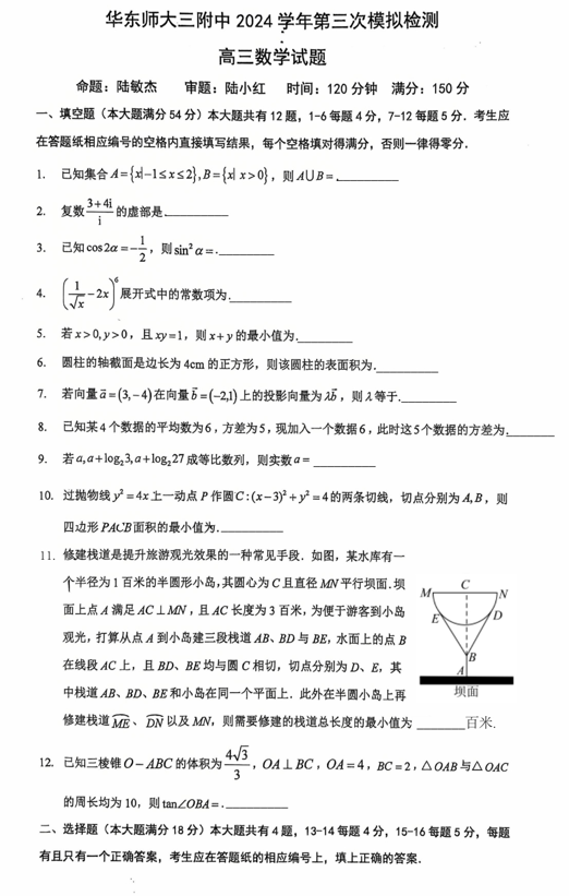 上海市华东师范大学第三附属中学2024-2025学年高三第三次模拟测试数学试题