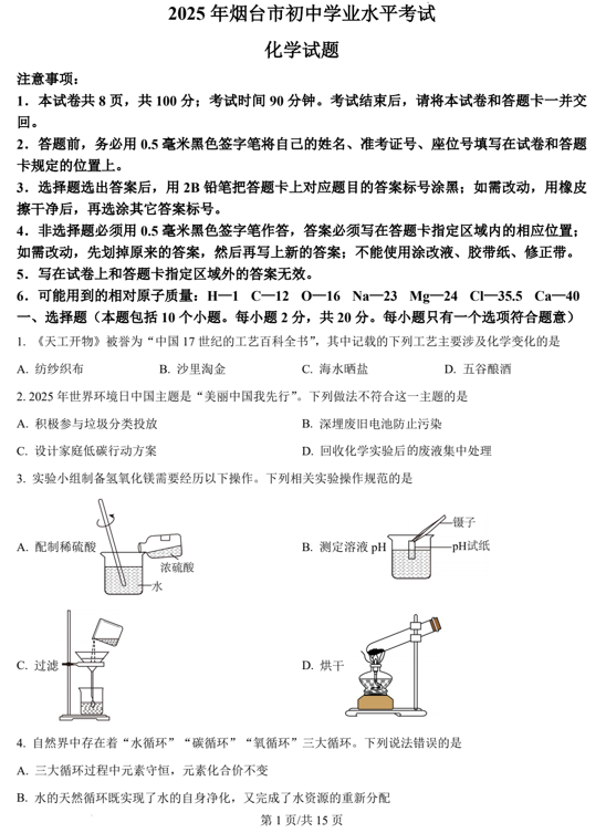 2025年山东省烟台市中考化学真题
