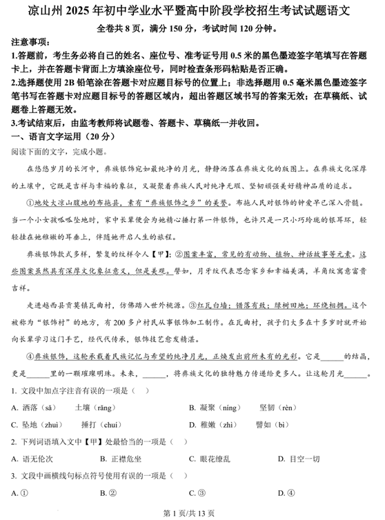 2025年四川省凉山彝族自治州中考语文真题