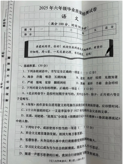 陕西省西安市雁塔区余王小学2024-2025学年六年级下学期6月模拟预测语文试题