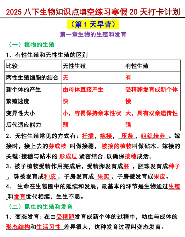 八年级下册生物知识点填空练习寒假20天打卡计划