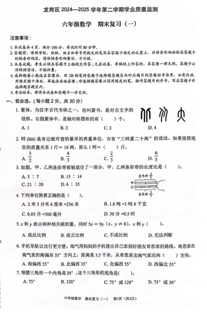 广东省深圳市龙岗区时代学校2024-2025学年六年级下学期6月期末数学试题