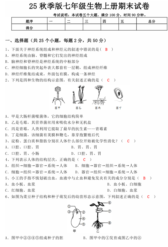 【2025秋新版】七年级生物上册期末试卷