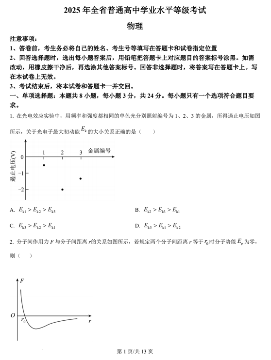 （网络+收集版）2025年高考山东物理高考真题文档版（含答案）