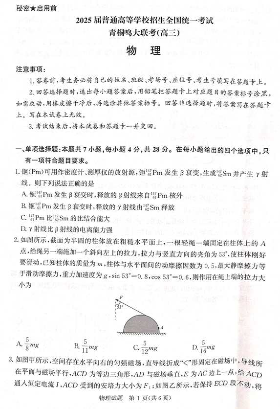 2025届高三下学期5月青桐鸣大联考 物理