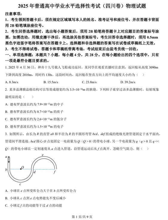 （网络+收集版）2025年高考四川卷物理高考真题文档版（含答案）