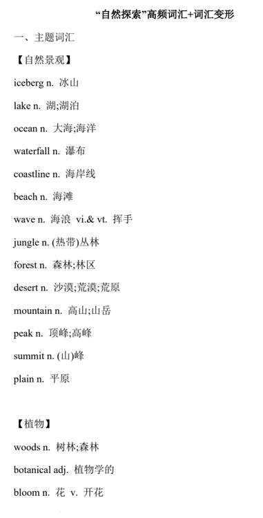 2026届高考英语复习：“自然探索”高频词汇清单+