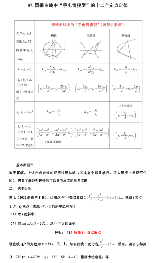 2026版《高考数学•一轮复习微专题106讲》87.圆锥曲线中“手电筒模型”的十二个定点定值