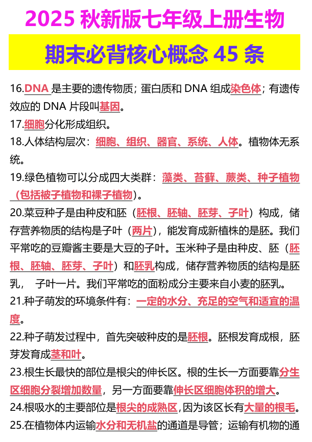 【2025秋新版】七年级上册生物 期末必背核心概念45条