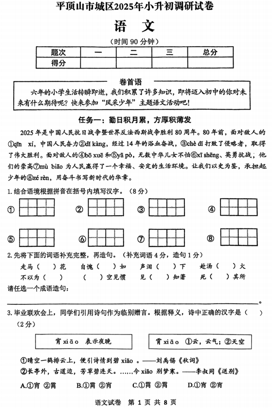 2025年河南省平顶山小升初调研分班测试语文试卷+