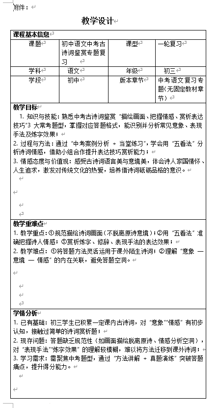中考语文一轮复习：《古诗词鉴赏专题》教学设计