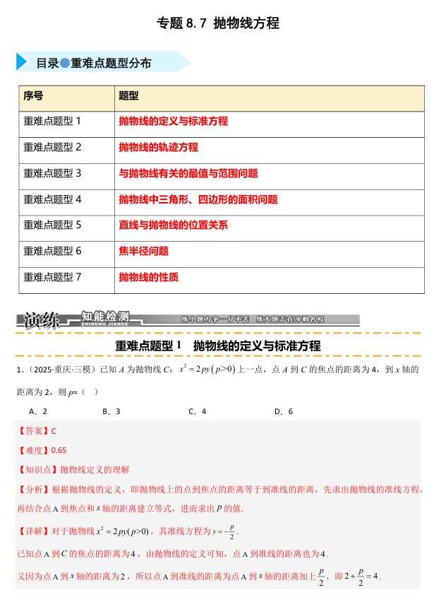 2026《高考数学•一轮复习重点难点题型》精练 专题8.7 抛物线方程(七类重难点题型精练)