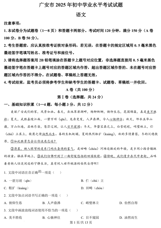 2025年四川省广安市中考语文真题