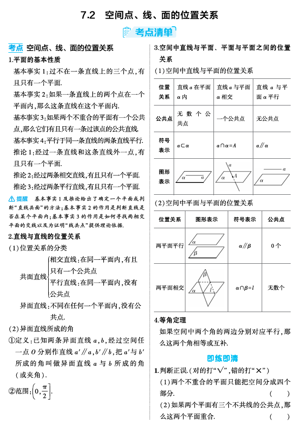 2026《53高考总复习A版》数学 精讲 7 2  空间点 线 面的位置关系