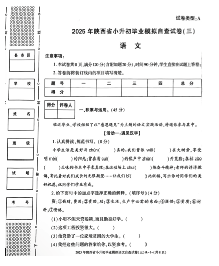 陕西省西安市长安区斗门街道办事处太平小学2024-2025学年六年级下学期6月模拟预测语文试题