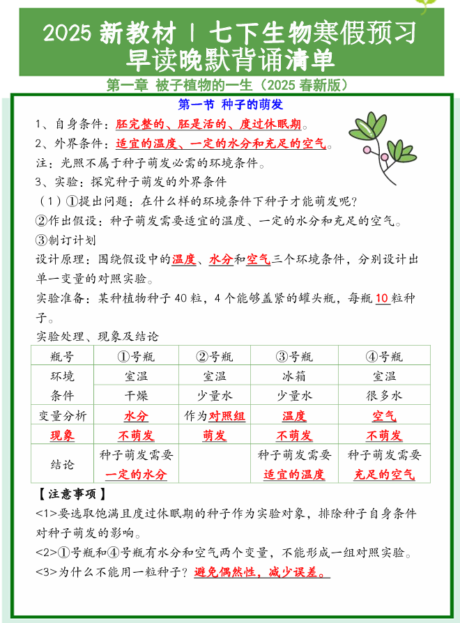 2025新教材 _ 七下生物寒假预习：早读晚默背诵清单