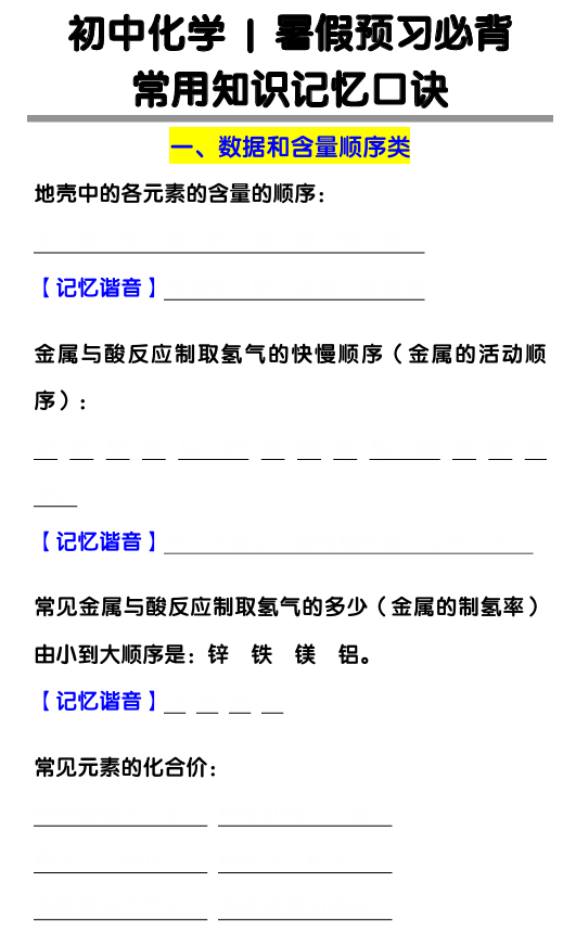 初中化学暑假预习必背：常用知识记忆口诀