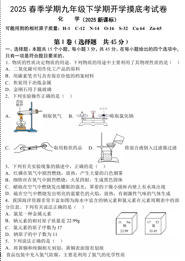 2024-2025学年九年级下学期化学开学摸底考试卷