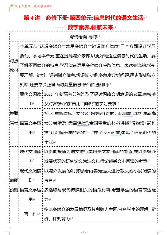 2026版《高中全程复习方略》 语文 强基版 专题　教材特色单元　第4讲　必修下册•第四单元：信息时代的语文生活——数字素养,领航未来
