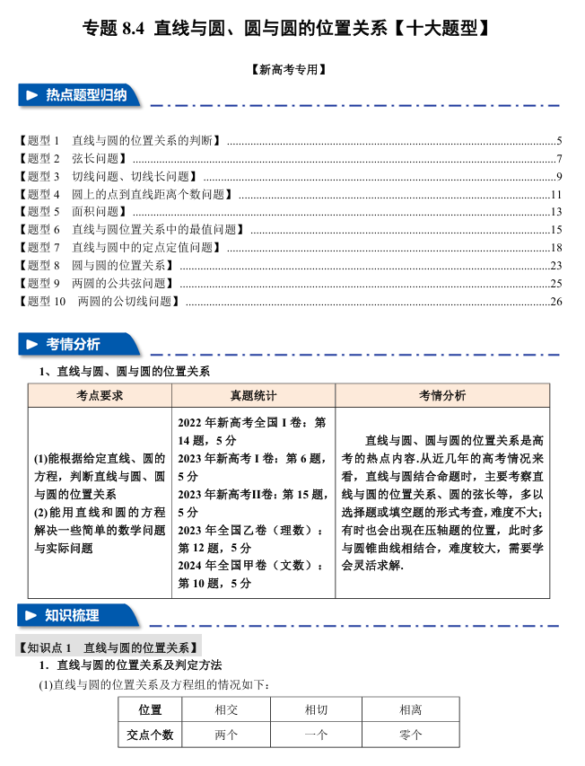2026年高考数学一轮复习【举一反三】专练(新高考专用)专题练系列 8.4 直线与圆、圆与圆的位置关系【十大题型】 2026年高考数学一轮复习【举一反三】专练(新高考专用)专题练系列 8.4 直线与圆、圆与圆的位置关系【十大题型】