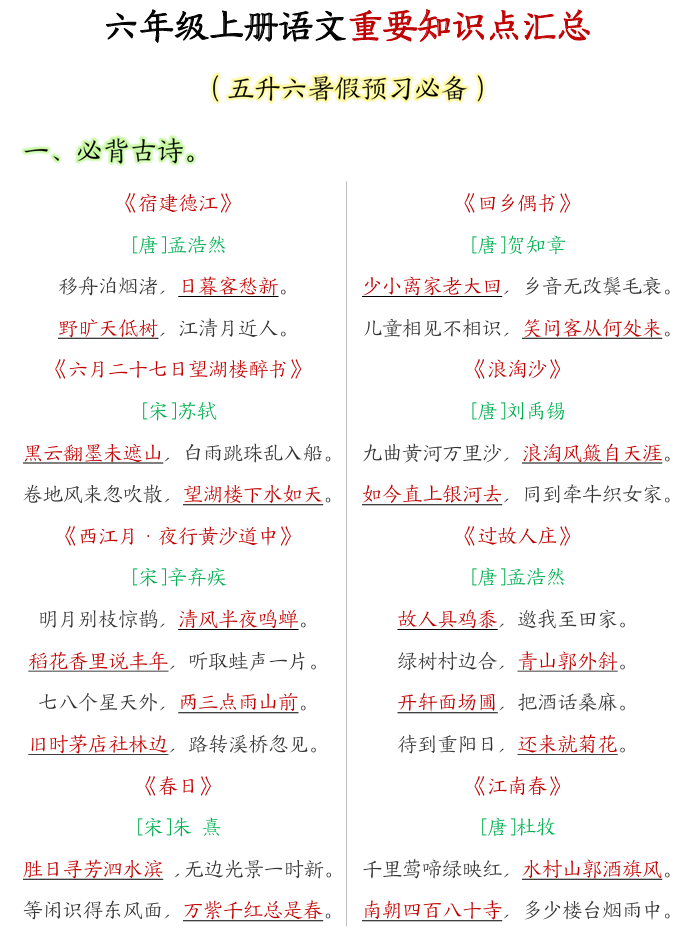 小学语文重点知识汇总学习 (1-6年级上册)