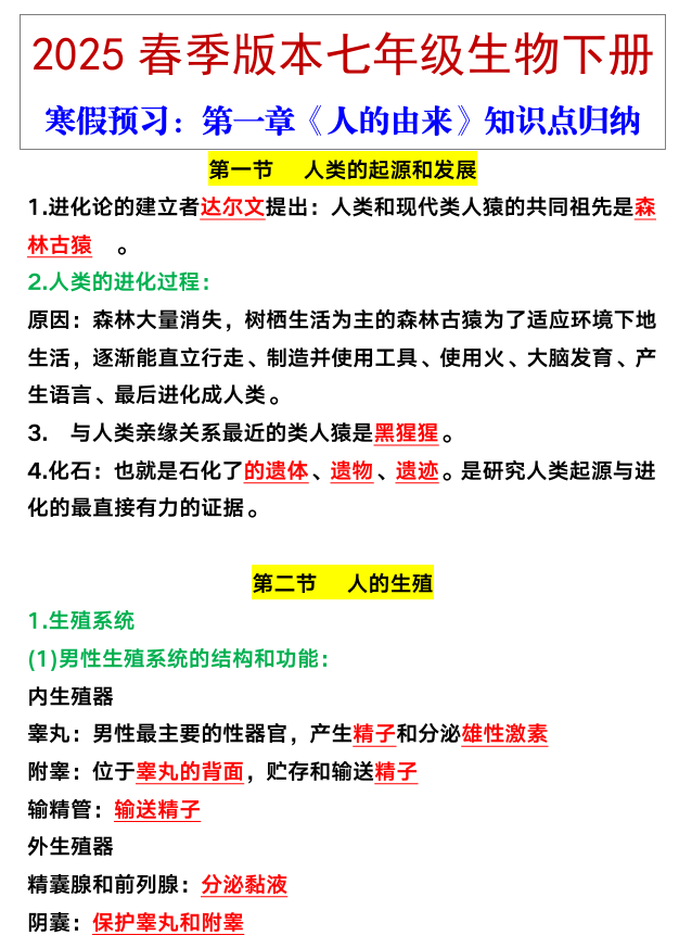 七年级生物下册第一章《人的由来》知识点归纳
