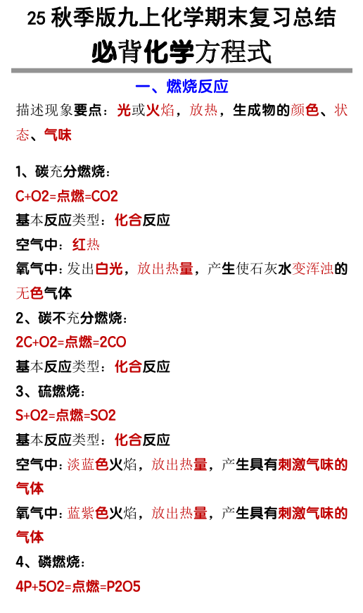 【2025秋新版】九上化学必背化学方程式