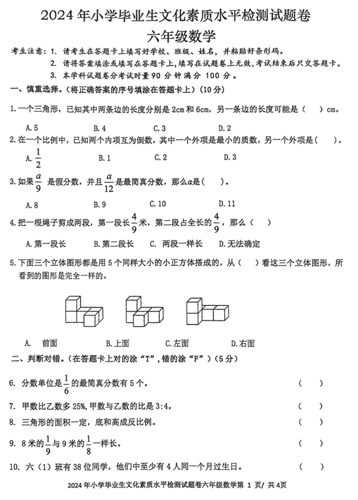 湖南省湘潭市韶山市2024-2025学年六年级下学期毕业文化素质水平检测数学试题