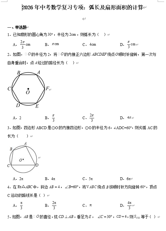 2026年中考数学复习专项：弧长及扇形面积的计算*