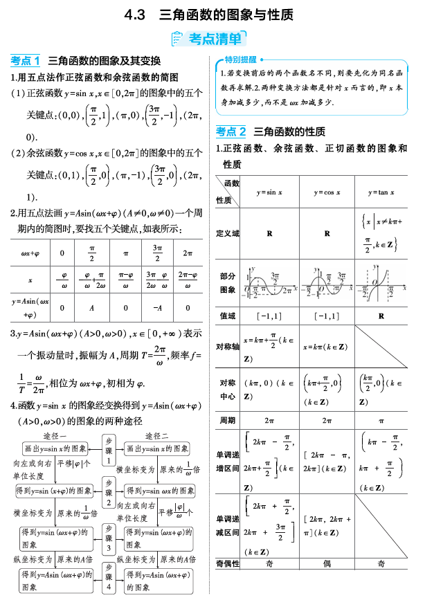 2026《53高考总复习A版》数学 精讲 4 3　三角函数的图象与性质