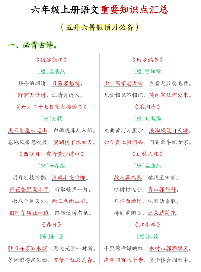 小红书超火的1-6年级上语文重点知识汇总