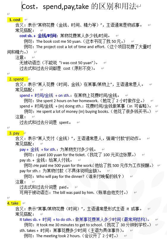2026年中考英语一轮复习spend,cost,take,pay的区别和用法