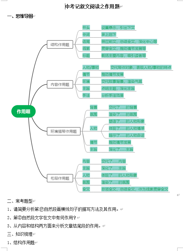 中考语文一轮复习：记叙文阅读之作用题