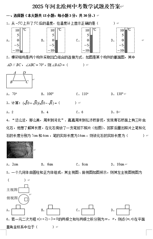 2025年河北沧州中考数学试题及答案