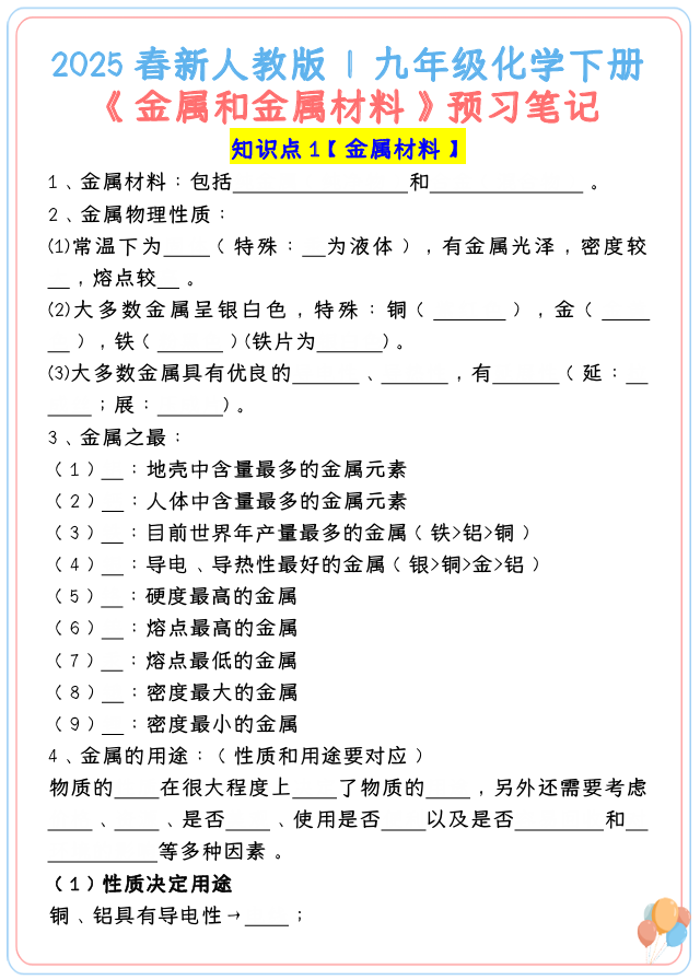 2025春新人教版 _ 九年级化学下册《金属和金属材料》预习笔记