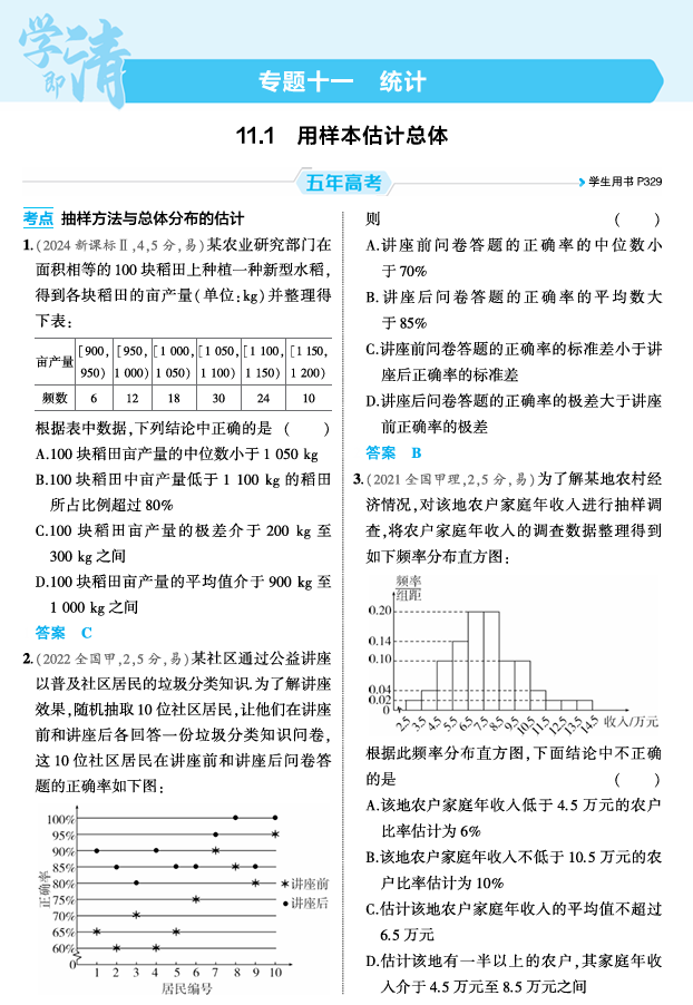 2026《53高考总复习A版》数学 精练册 11 1  用样本估计总体