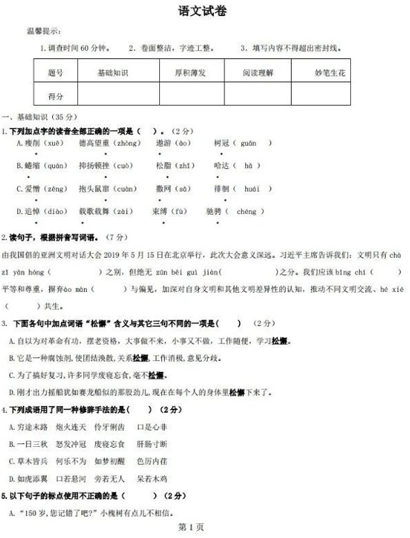 山东省潍坊市高新区2024-2025学年小升初模拟考试语文试卷