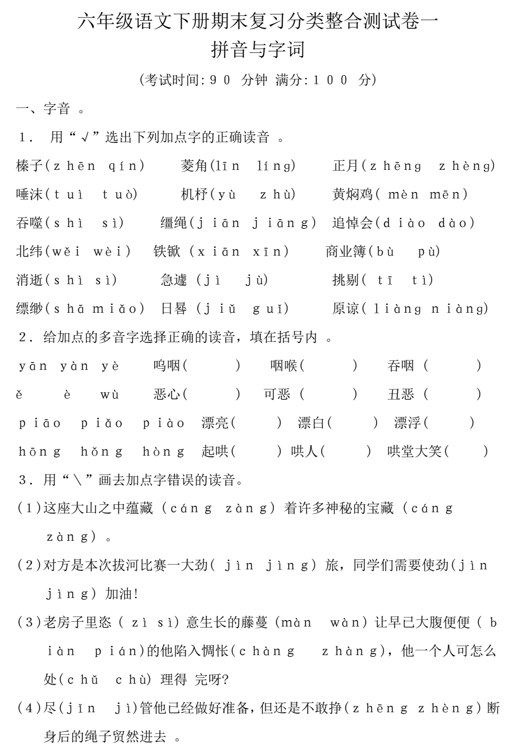 分类整合测试卷拼音与字词（专项训练）统编版语文六年级下册