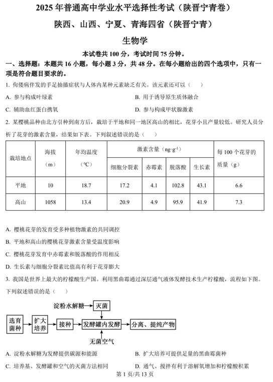 （网络+收集版）2025年高考生物真题文档版（含答案）适用地区：陕西、山西、宁夏、青海