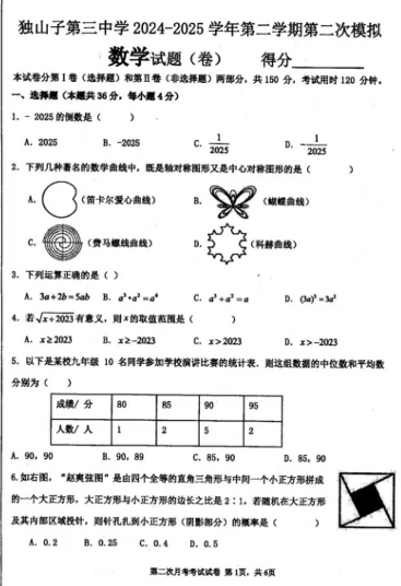 新疆维吾尔自治区克拉玛依市独山子区第三中学2024-2025学年九年级下学期第二次模拟数学试卷