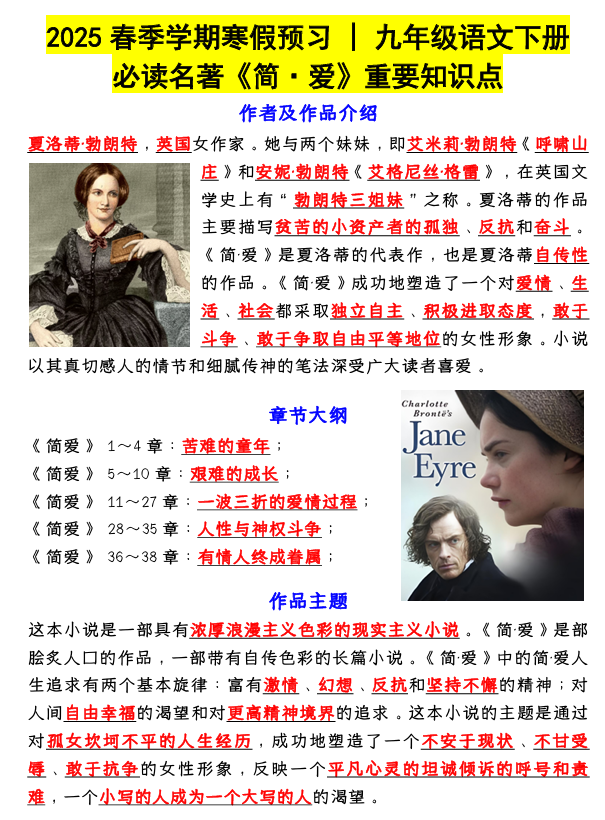 寒假预习 _ 九年级语文下册必读名著《简·爱》重要知识点